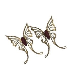 Vintage Home Interior Brass Wood Gold Tone 2 Pc Butterflies Wall Accent Decor